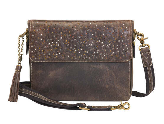 Gun Tote'n Mamas Distressed Buffalo Leather Shoulder Clutch in Brown has an adjustable shoulder strap